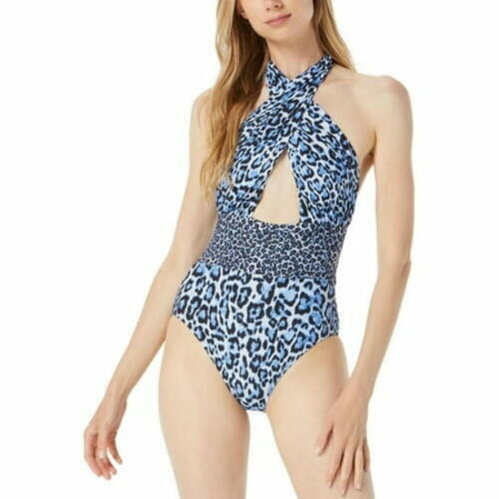 Michael Kors Women's Blue/Black Animal Print Cross-Front One-Piece Swim 12 NWT